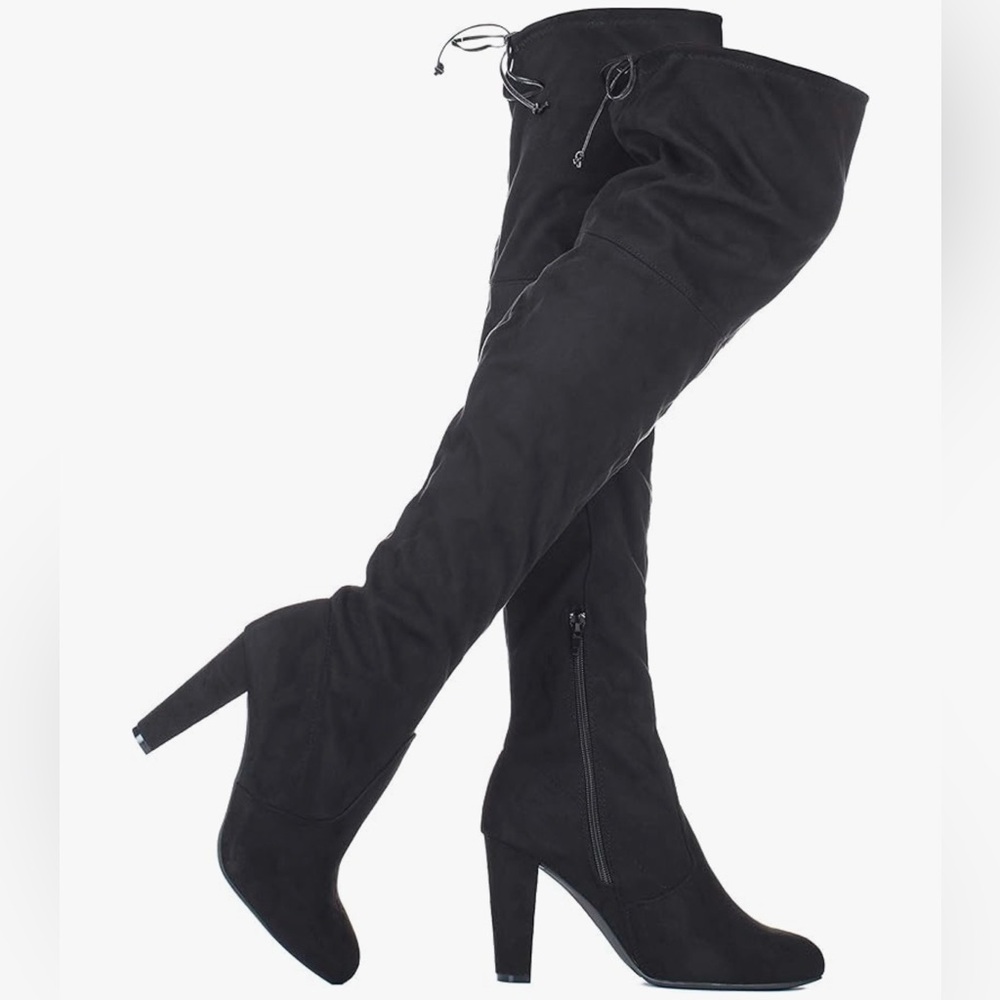 Faux Suede Thigh High Stretch Boot - block heel , over the knee